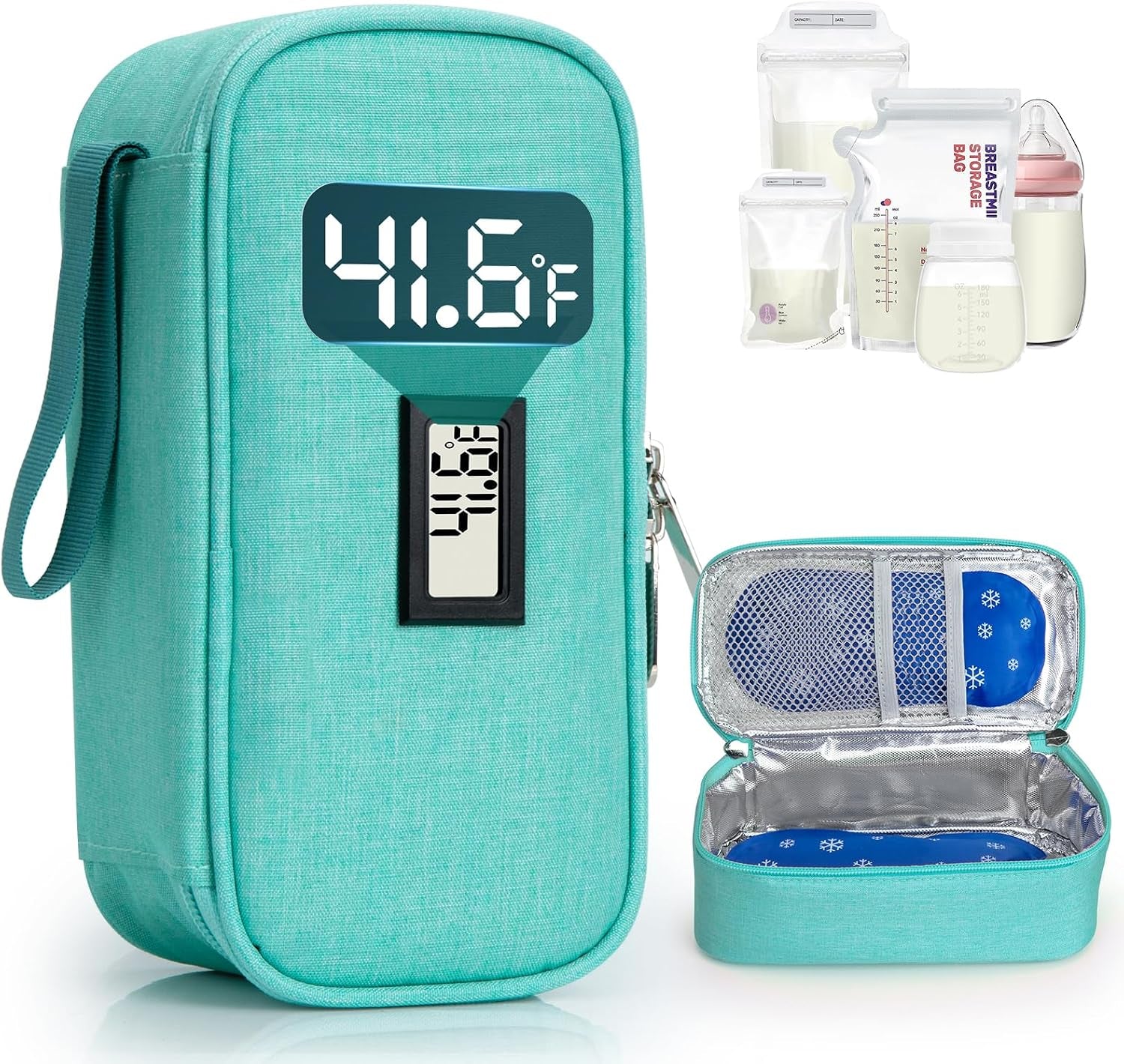 Breast Milk Cooler Travel Bag, Real-Time Temperature Display, Holds 4-6 Breastmilk Storage Bag with 2 Breast Milk Ice Pack, Cooling & Waterproof Portable Cooler for Moms on the Go (Light Green)