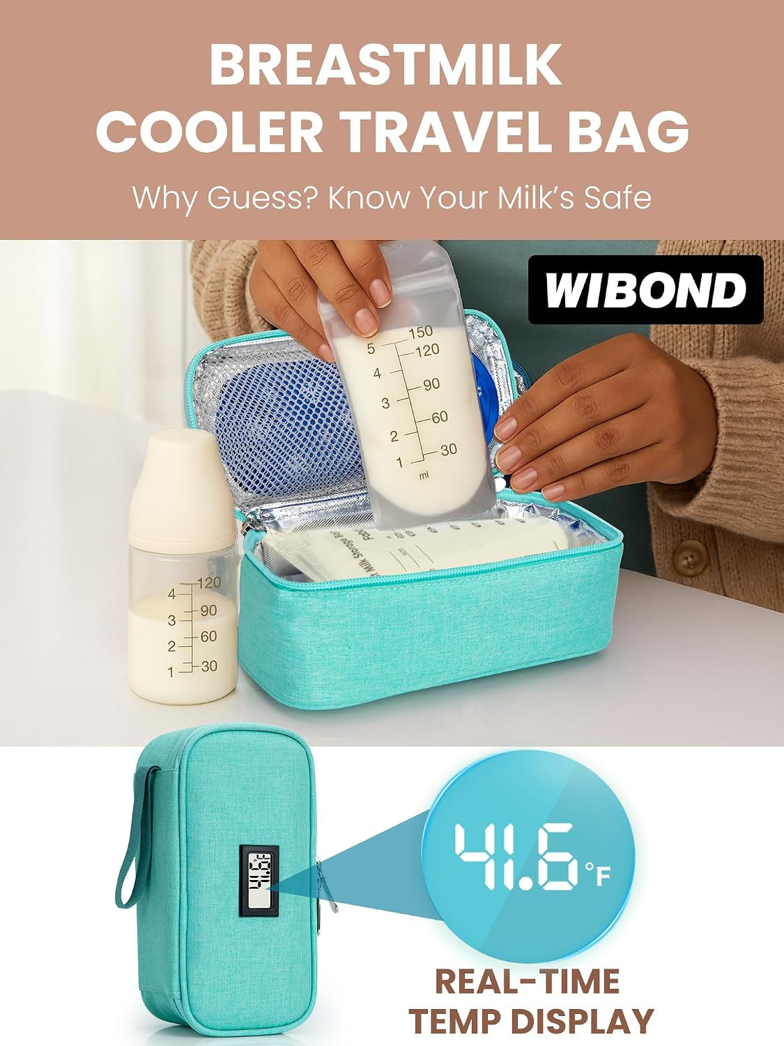 Breast Milk Cooler Travel Bag, Real-Time Temperature Display, Holds 4-6 Breastmilk Storage Bag with 2 Breast Milk Ice Pack, Cooling & Waterproof Portable Cooler for Moms on the Go (Light Green)